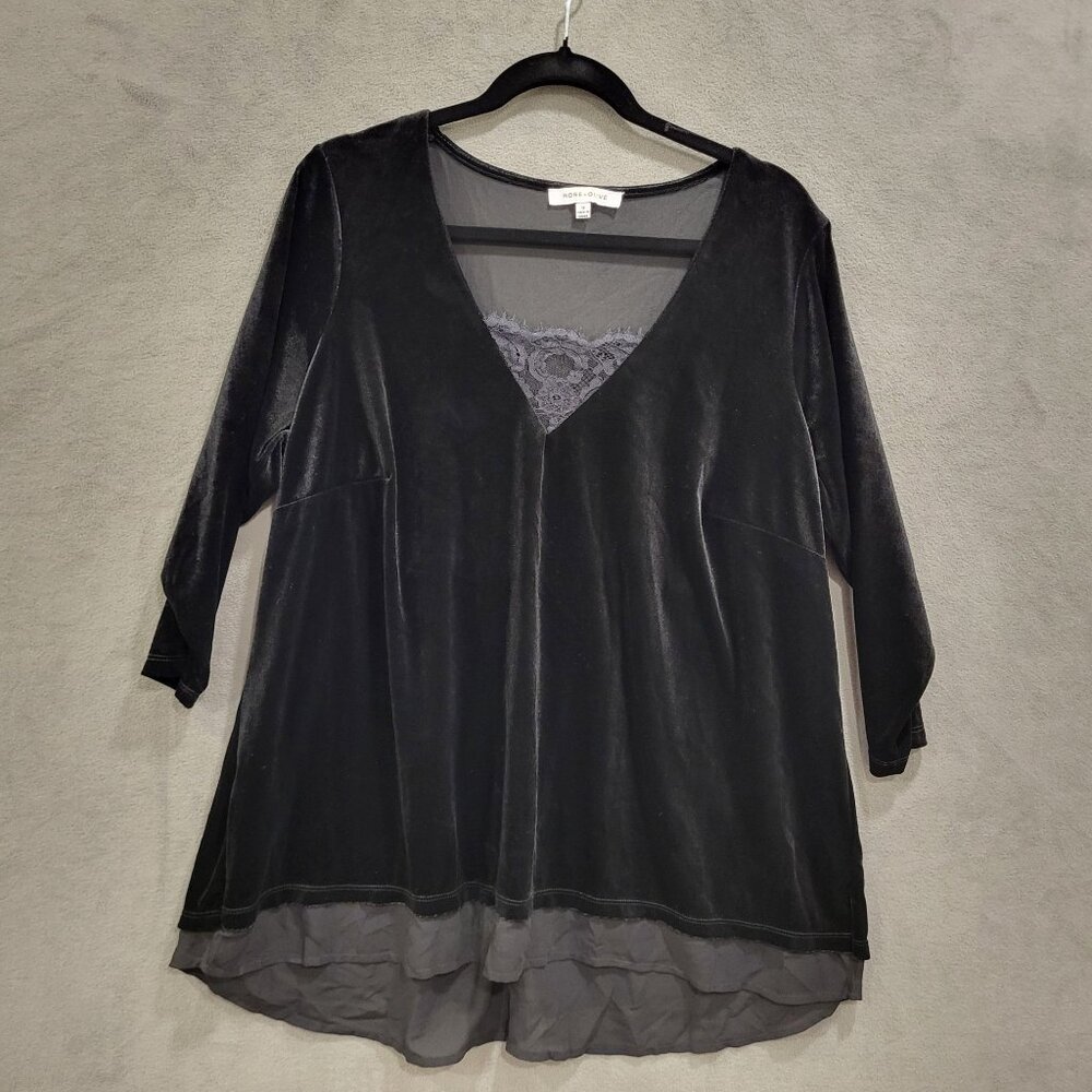 Rose+Olive Velvet Tunic Top Womens Size 1X Sheer Lace Trim 3/4 Sleeve‎ Blouse